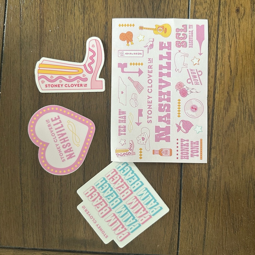 SCL Nashville and palm beach sticker and postcard